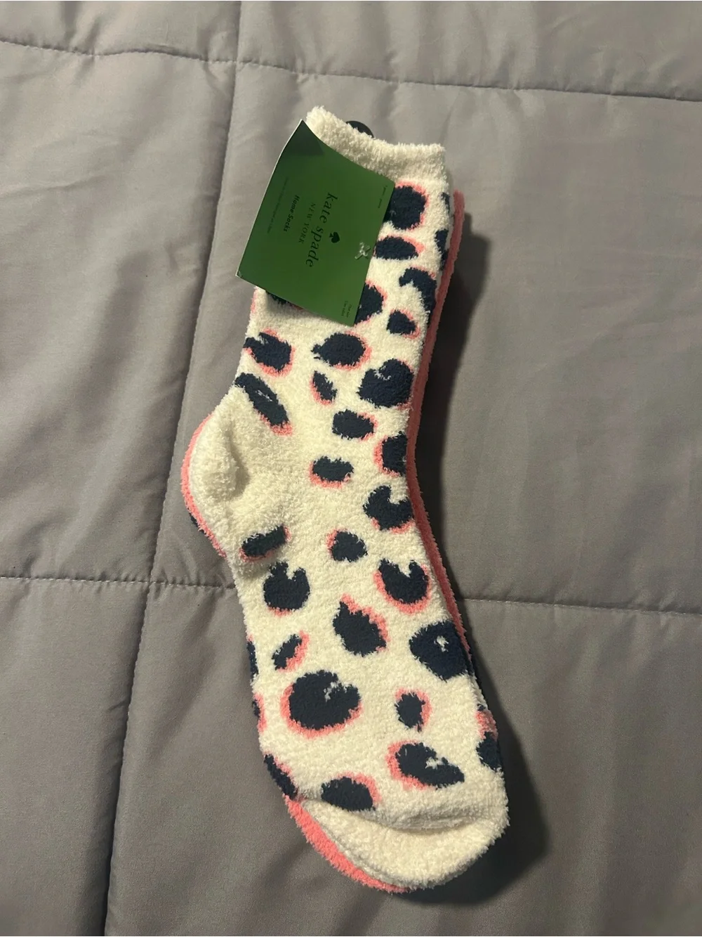 kate spade cream, navy & pink fuzzy leopard home socks